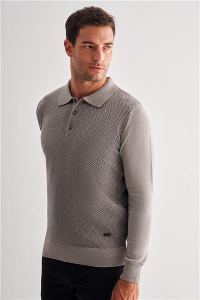 Açık Gri Polo Yaka Uzun Kol Cepsiz Comfort Fit Pamuklu Triko Kazak 1012255218