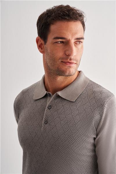 Açık Gri Polo Yaka Uzun Kol Cepsiz Comfort Fit Pamuklu Triko Kazak 1012255218