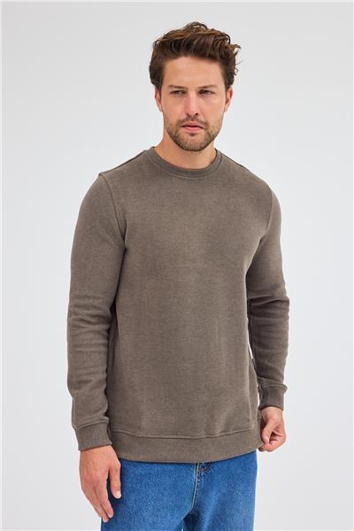 Açık Haki Uzun Kol Bisiklet Yaka Düz Pamuklu Comfort Fit Sweatshirt 1013255150
