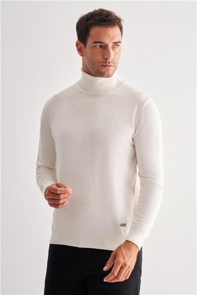 Krem Balıkçı Yaka Cepsiz Comfort Fit Classic Yünlü Triko Kazak 1012255004