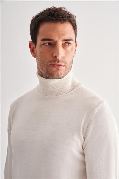 Krem Balıkçı Yaka Cepsiz Comfort Fit Classic Yünlü Triko Kazak 1012255004