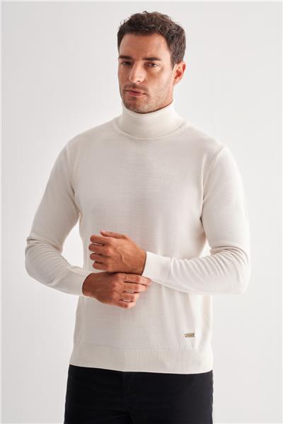 Krem Balıkçı Yaka Cepsiz Comfort Fit Classic Yünlü Triko Kazak 1012255004