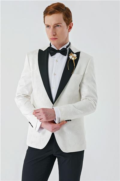 Açık Krem Çıkarılabilir Kırlangıç Yaka Likralı 6 Drop Slim Fit Smokin Damatlık 1001240204