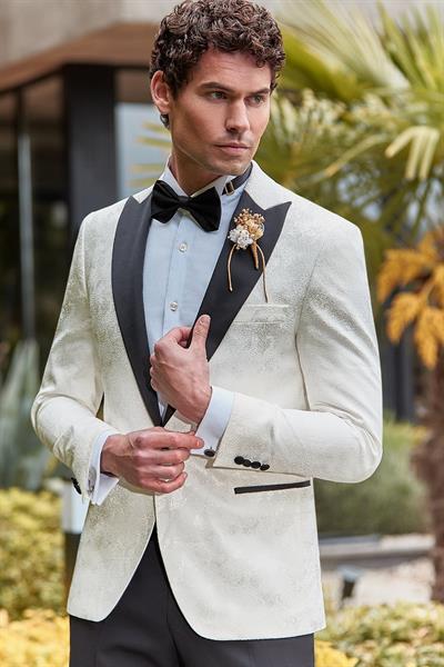Açık Krem Çıkarılabilir Kırlangıç Yaka Likralı 6 Drop Slim Fit Smokin Damatlık 1001240204