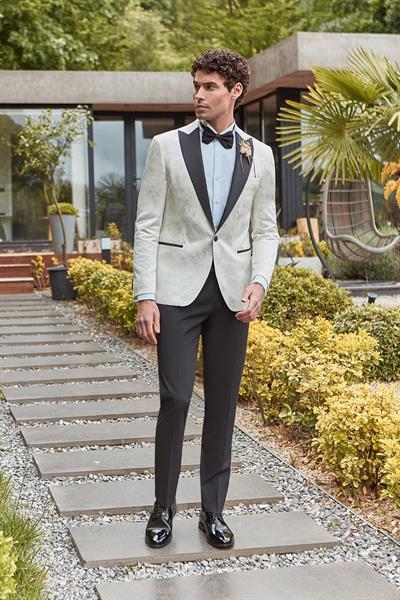 Açık Krem Çıkarılabilir Kırlangıç Yaka Likralı 6 Drop Slim Fit Smokin Damatlık 1001240204