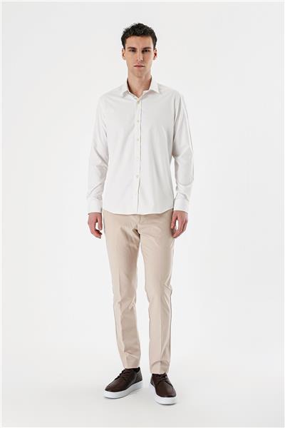 Açık Krem Uzun Kollu Armürlü Cepsiz Pamuklu Likralı Slim Fit Dar Kesim Gömlek 1004240193