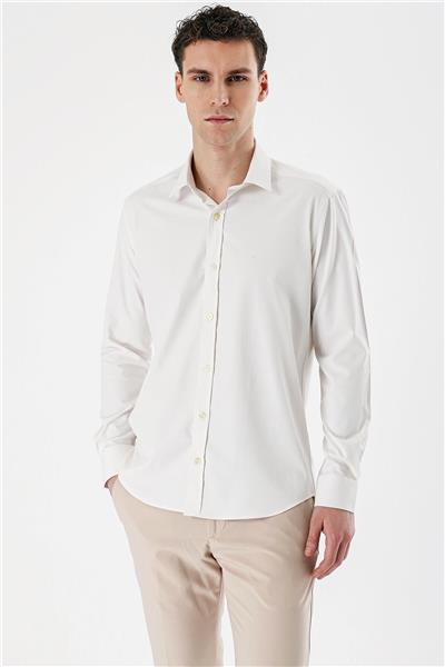 Açık Krem Uzun Kollu Armürlü Cepsiz Pamuklu Likralı Slim Fit Dar Kesim Gömlek 1004240193
