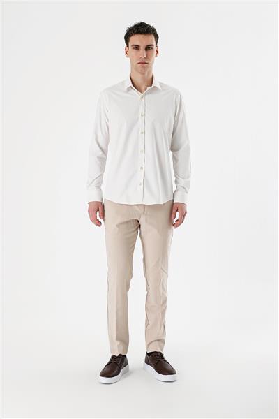 Açık Krem Uzun Kollu Armürlü Cepsiz Pamuklu Likralı Slim Fit Dar Kesim Gömlek 1004240193