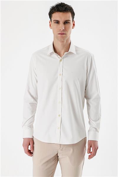 Açık Krem Uzun Kollu Armürlü Cepsiz Pamuklu Likralı Slim Fit Dar Kesim Gömlek 1004240193