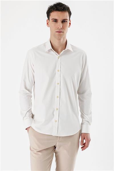 Açık Krem Uzun Kollu Armürlü Cepsiz Pamuklu Likralı Slim Fit Dar Kesim Gömlek 1004240193