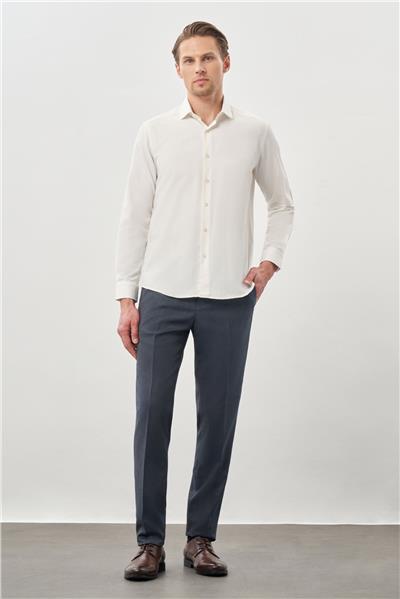 Açık Krem Uzun Kol Düz Yarım İtalyan Yaka Cepsiz Pamuklu Classic Slim Fit Gömlek 1004245268