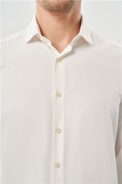 Açık Krem Uzun Kol Düz Yarım İtalyan Yaka Cepsiz Pamuklu Classic Slim Fit Gömlek 1004245268
