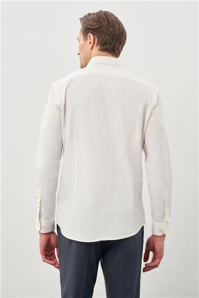 Açık Krem Uzun Kol Düz Yarım İtalyan Yaka Cepsiz Pamuklu Classic Slim Fit Gömlek 1004245268