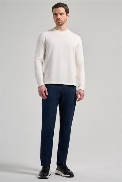 Açık Krem Uzun Kol Düz Örme Bisiklet Yaka Cepsiz Pamuklu Sweatshirt