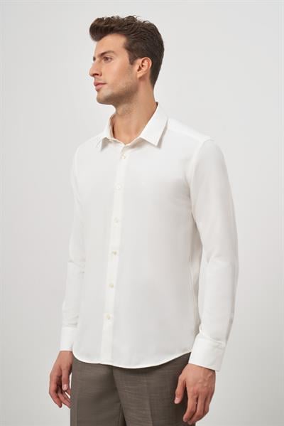 Krem Rengi Uzun Kol Kendinden Desenli Armürlü Sert Yaka Classic Comfort Fit Gömlek 1004245154
