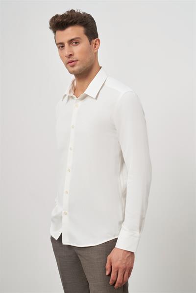 Krem Rengi Uzun Kol Kendinden Desenli Armürlü Sert Yaka Classic Comfort Fit Gömlek 1004245154
