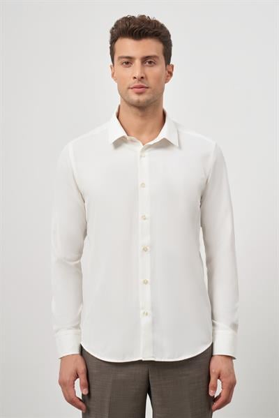 Krem Rengi Uzun Kol Kendinden Desenli Armürlü Sert Yaka Classic Comfort Fit Gömlek 1004245154