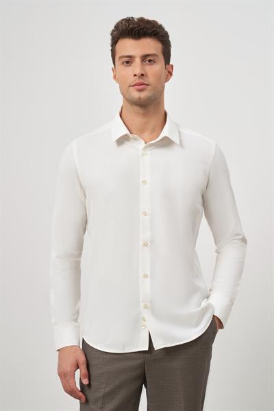 Krem Rengi Uzun Kol Kendinden Desenli Armürlü Sert Yaka Classic Comfort Fit Gömlek 1004245154