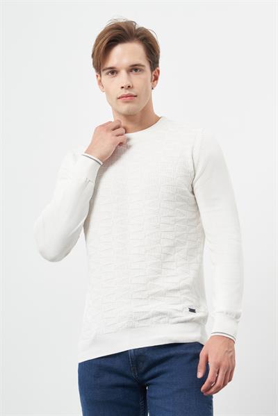 Açık Krem Uzun Kol Kendinden Desenli Örme Bisiklet Yaka Classic Slim Fit Triko 1012245200