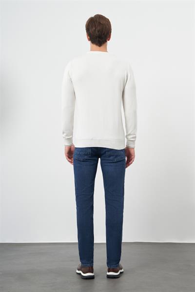 Açık Krem Uzun Kol Kendinden Desenli Örme Bisiklet Yaka Classic Slim Fit Triko 1012245200