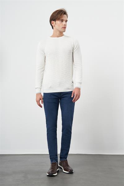 Açık Krem Uzun Kol Kendinden Desenli Örme Bisiklet Yaka Classic Slim Fit Triko 1012245200