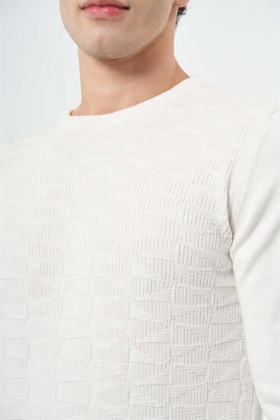 Açık Krem Uzun Kol Kendinden Desenli Örme Bisiklet Yaka Classic Slim Fit Triko 1012245200