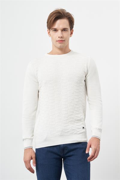 Açık Krem Uzun Kol Kendinden Desenli Örme Bisiklet Yaka Classic Slim Fit Triko 1012245200