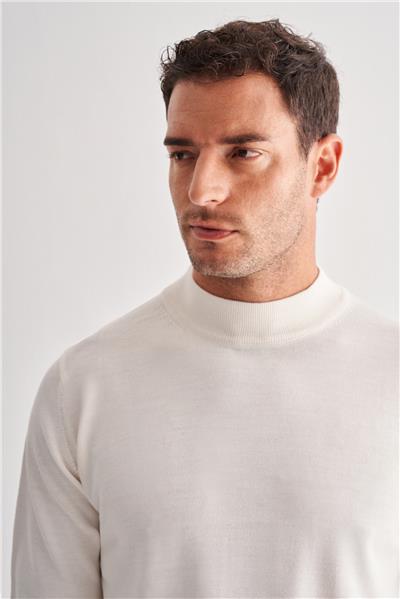 Krem Yarım Balıkçı Yaka Cepsiz Comfort Fit Classic Yünlü Triko Kazak 1012255001