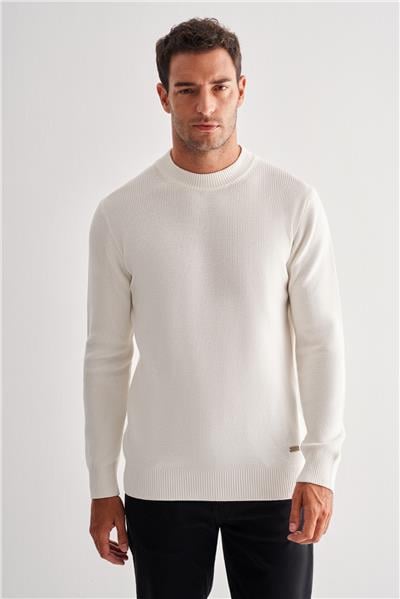 Krem Rengi Yarım Balıkçı Yaka Uzun Kol Cepsiz Comfort Fit Casual Pamuklu Triko Kazak 1012255203