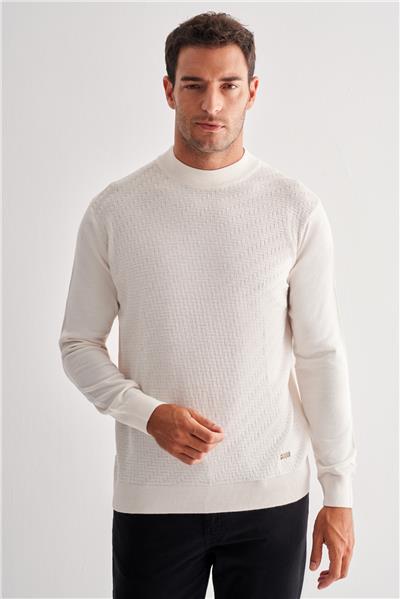 Açık Krem Yarım Balıkçı Yaka Uzun Kol Cepsiz Comfort Fit Classic Yünlü Triko Kazak 1012255209