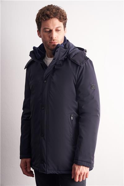 Açık Lacivert Çıkma Kapşonlu Dik Yaka Yırtmaçsız Esnek Classic Kaban 1008255165