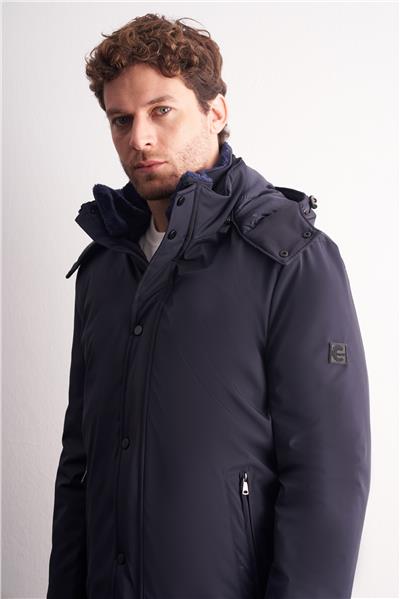 Açık Lacivert Çıkma Kapşonlu Dik Yaka Yırtmaçsız Esnek Classic Kaban 1008255165