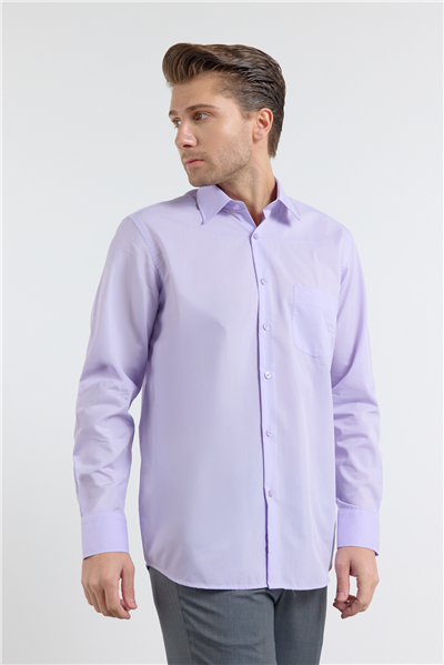 Açık Lila Sert Yaka Uzun Kol Easy To Iron Comfort Fit Pamuklu Gömlek 1004255182