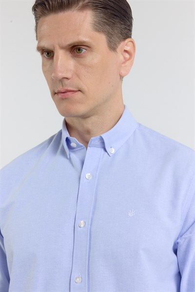 Mavi Oxford Düğmeli Yaka Uzun Kol Cepsiz Slim Fit Pamuklu Gömlek 1004260182