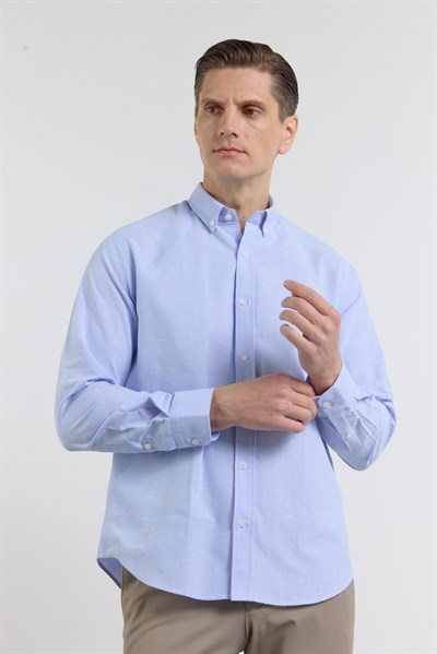 Mavi Oxford Düğmeli Yaka Uzun Kol Cepsiz Slim Fit Pamuklu Gömlek 1004260182