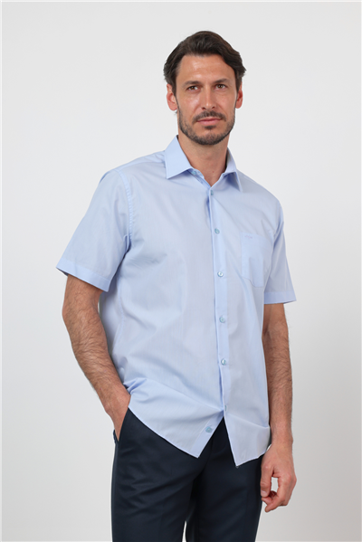 Mavi Sert Yaka Kısa Kol Cepli Comfort Fit Pamuklu Gömlek 1004260258