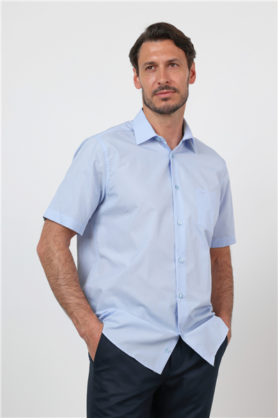 Mavi Sert Yaka Kısa Kol Cepli Comfort Fit Pamuklu Gömlek 1004260258