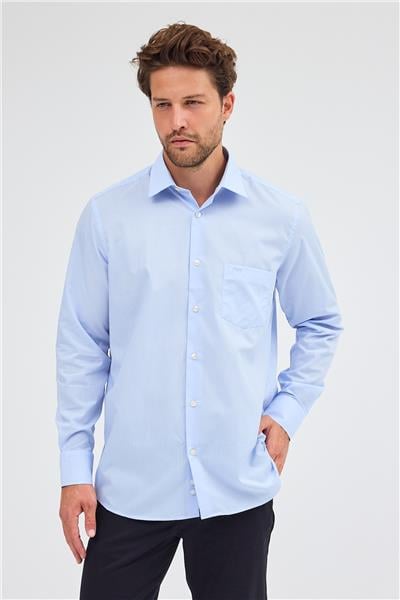 Açık Mavi Sert Yaka Uzun Kol Easy To Iron Comfort Fit Pamuklu Gömlek 1004255300