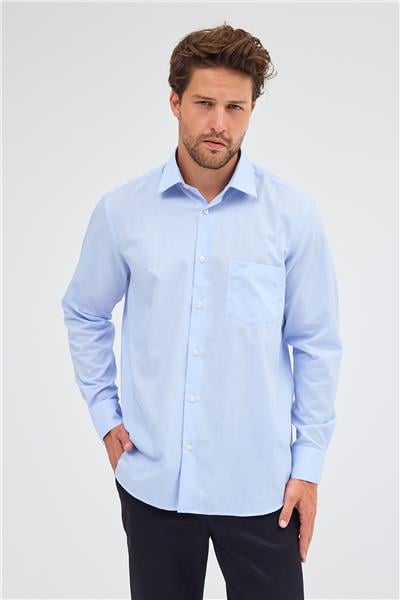 Açık Mavi Sert Yaka Uzun Kol Easy To Iron Comfort Fit Pamuklu Gömlek 1004255300