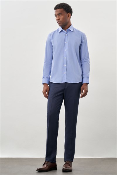 Mavi Sert Yaka Uzun Kol Filafil Slim Fit Pamuklu Gömlek 1004260008