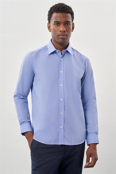 Mavi Sert Yaka Uzun Kol Filafil Slim Fit Pamuklu Gömlek 1004260008