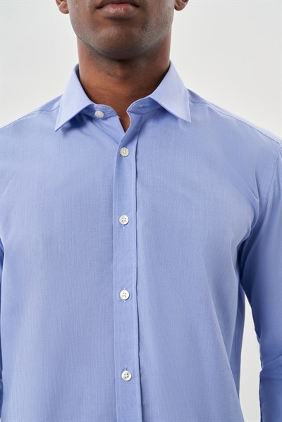 Mavi Sert Yaka Uzun Kol Filafil Slim Fit Pamuklu Gömlek 1004260008