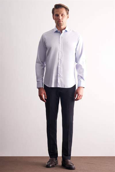 Açık Mavi Yarım İtalyan Yaka Saten Uzun Kol Premium Slim Fit %100 Pamuk Gömlek 1004255195