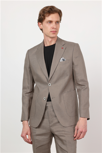 Açık Yeşil Düz Desen Keten Mono Yaka 6 Drop Slim Fit %100 Keten Takım Elbise 1001260164