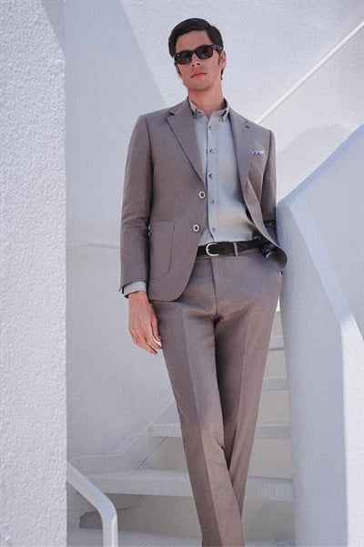 Düz Desen Keten Mono Yaka 6 Drop Slim Fit %100 Keten Takım Elbise 1001260164