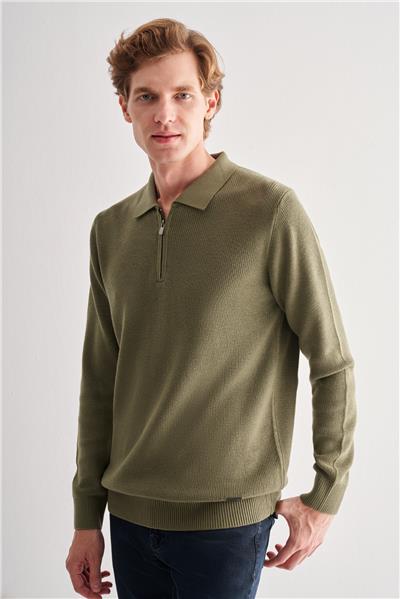 Açık Yeşil Fermuarlı Polo Yaka Uzun Kol Cepsiz Comfort Fit Casual Pamuklu Triko Kazak 1012255202