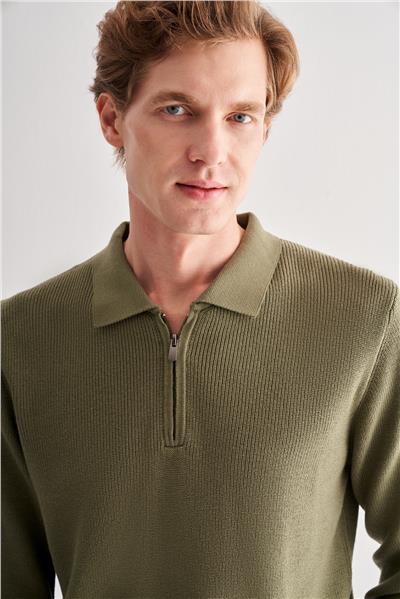 Açık Yeşil Fermuarlı Polo Yaka Uzun Kol Cepsiz Comfort Fit Casual Pamuklu Triko Kazak 1012255202