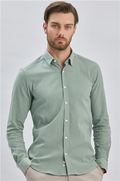 Açık Yeşil Uzun Kollu Biritli Yaka Biyeli Pamuklu Likralı Casual Slim Fit Gömlek 1004240232