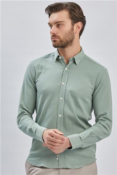 Açık Yeşil Uzun Kollu Biritli Yaka Biyeli Pamuklu Likralı Casual Slim Fit Gömlek 1004240232