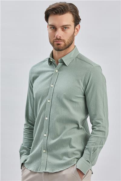 Açık Yeşil Uzun Kollu Biritli Yaka Biyeli Pamuklu Likralı Casual Slim Fit Gömlek 1004240232